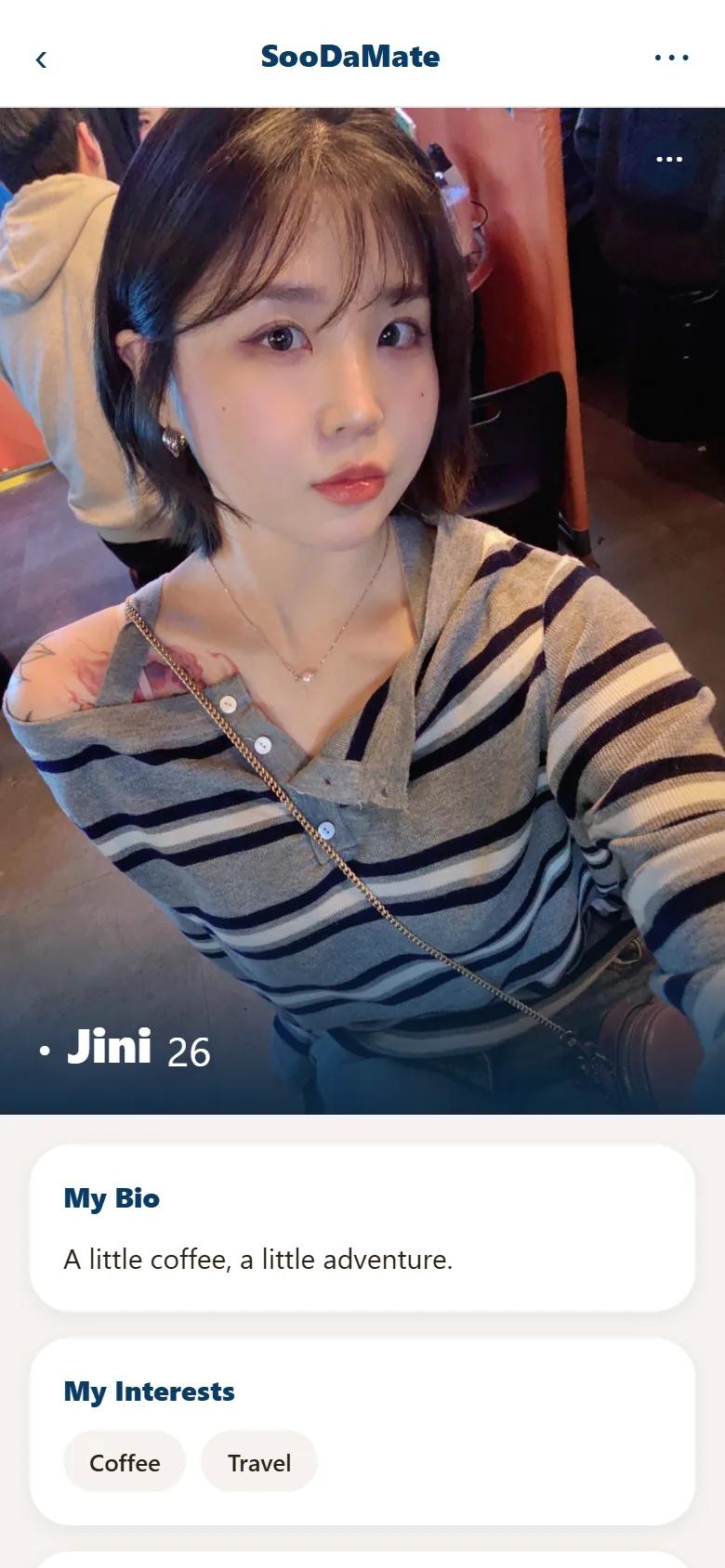 Jini model profile in SooDaMate app UI