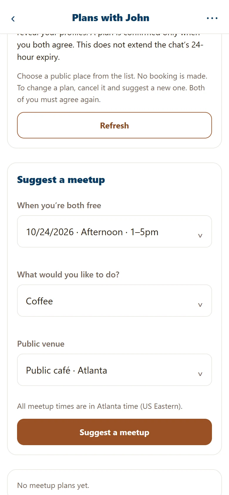 Plan a Meetup pick screen with demo data