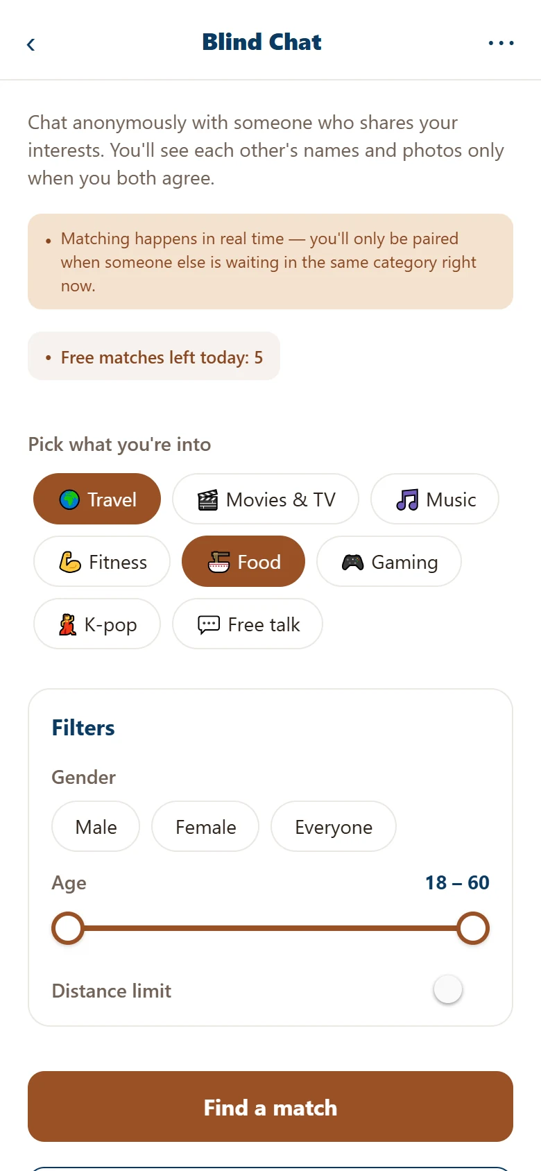 Blind Chat step 1, demo data