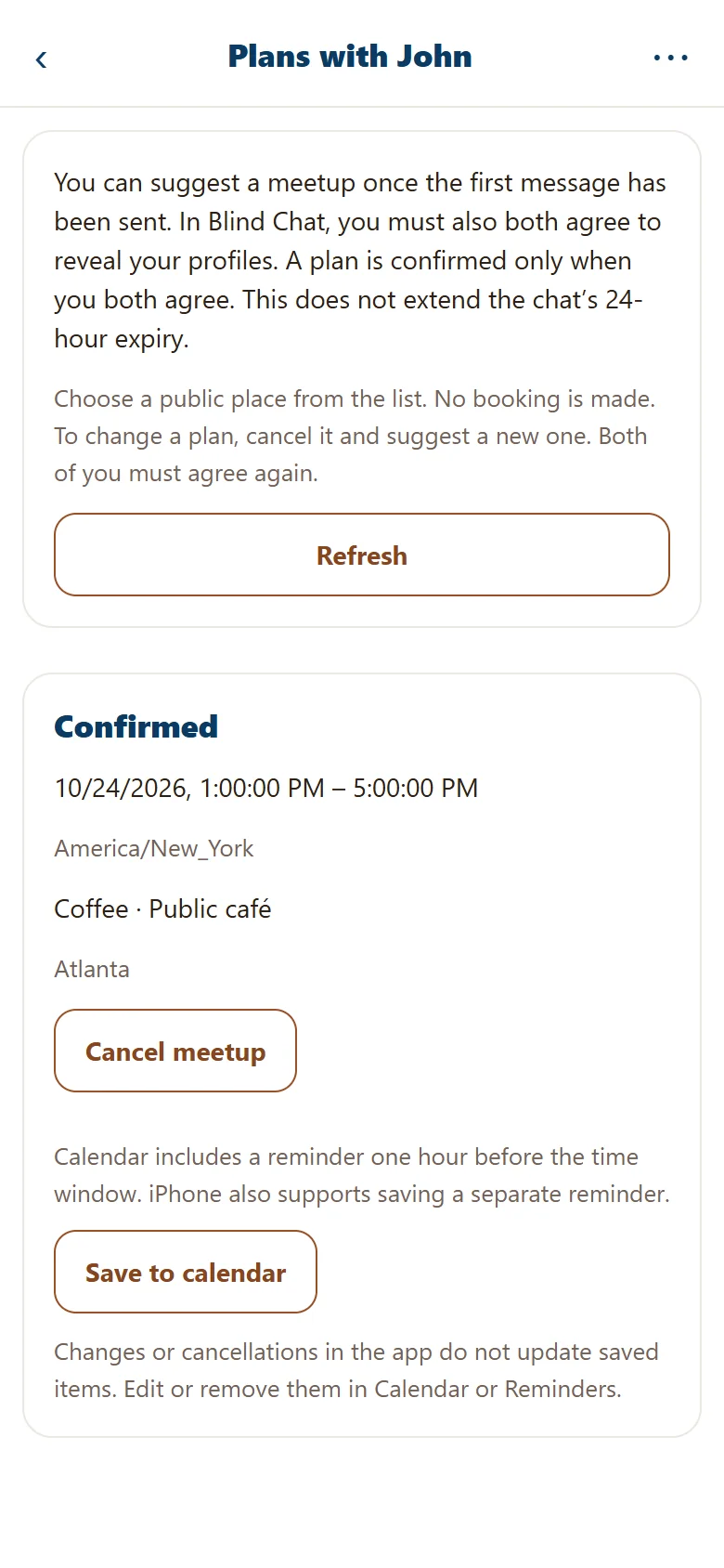 Plan a Meetup confirm screen with demo data