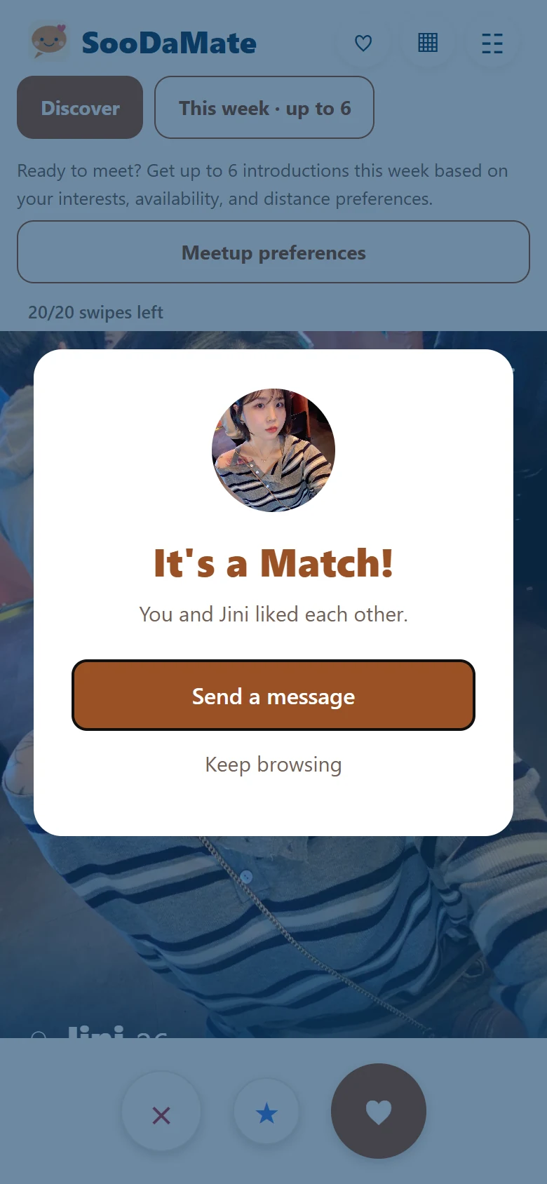 SooDaMate match demo screen
